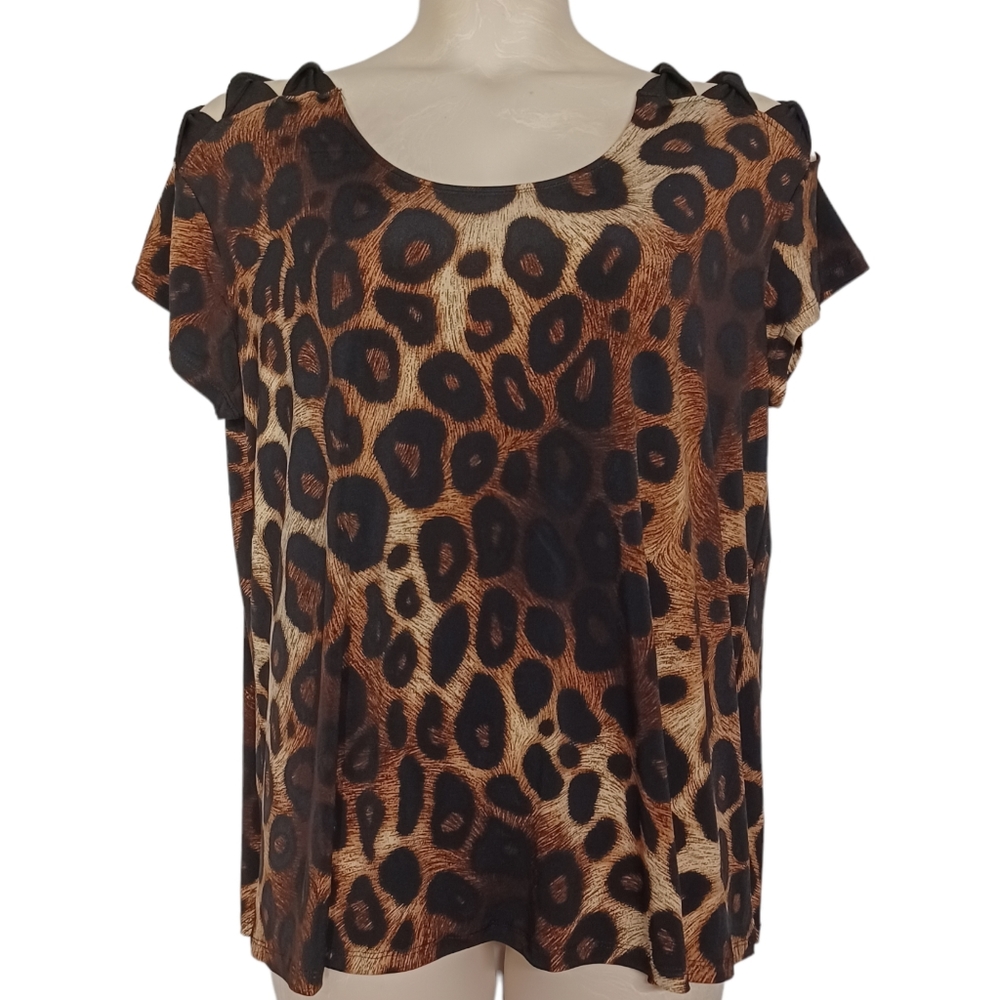 SUSAN LAWRENCE Twist Ladder Cut Short Sleeve Brown Animal Print Stretchy Top 1X